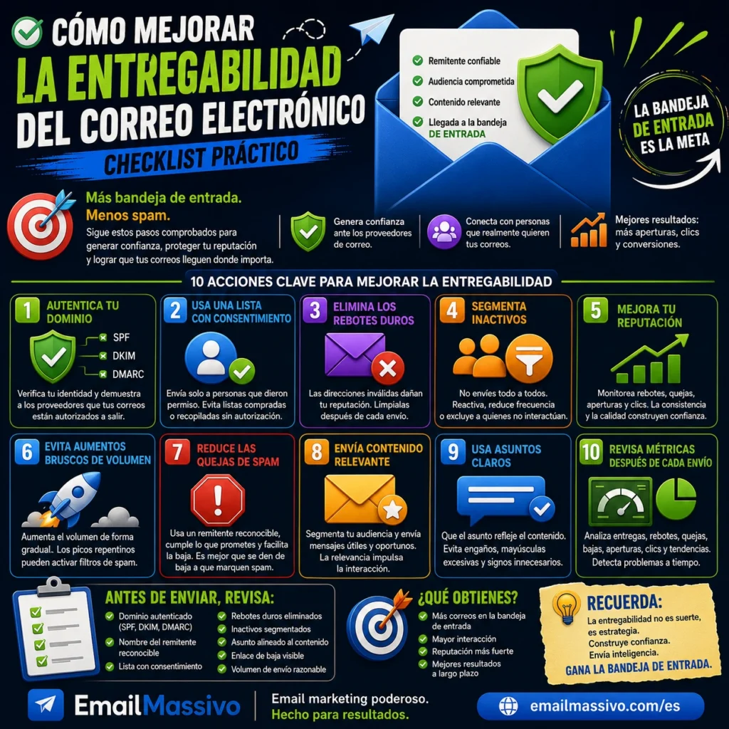 Checklist de entregabilidad del correo electrónico con autenticación reputación del remitente calidad de lista interacción rebotes y quejas de spam