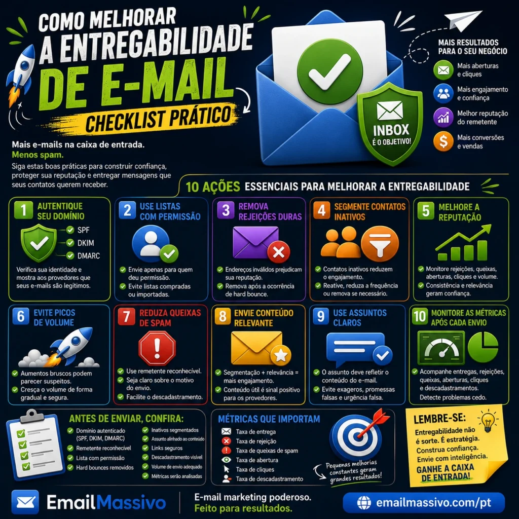 Checklist de entregabilidade de e-mail com autenticação reputação do remetente qualidade da lista engajamento rejeições e reclamações de spam