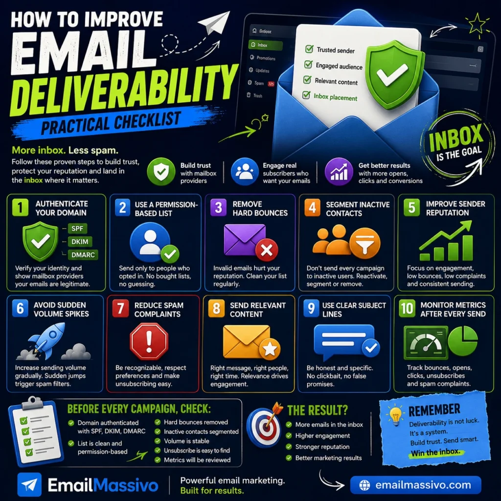 Email deliverability checklist with authentication sender reputation list quality engagement bounce rate and spam complaints