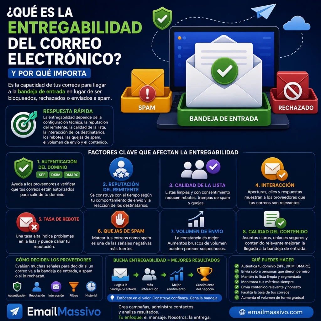 Factores de entregabilidad del correo electrónico con bandeja de entrada autenticación reputación del remitente y calidad de lista