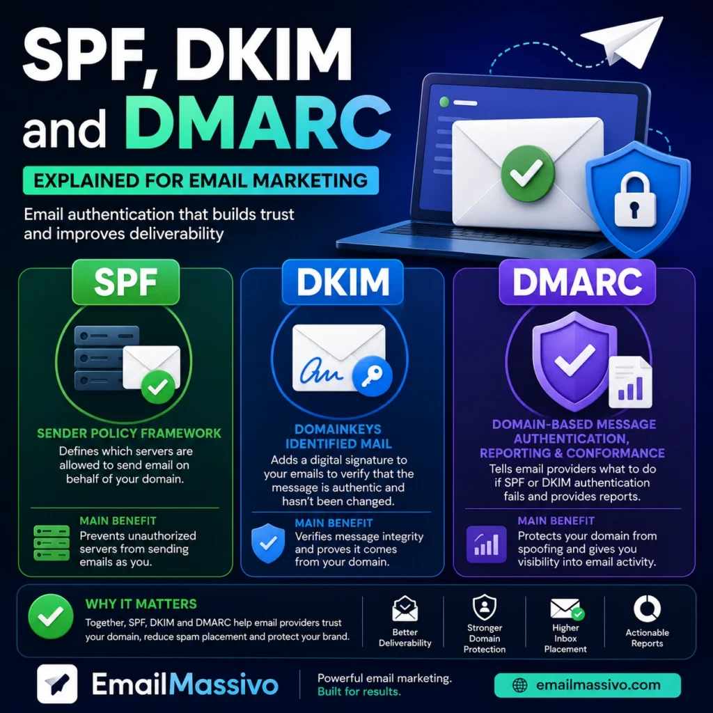SPF DKIM and DMARC email authentication explained for email marketing deliverability