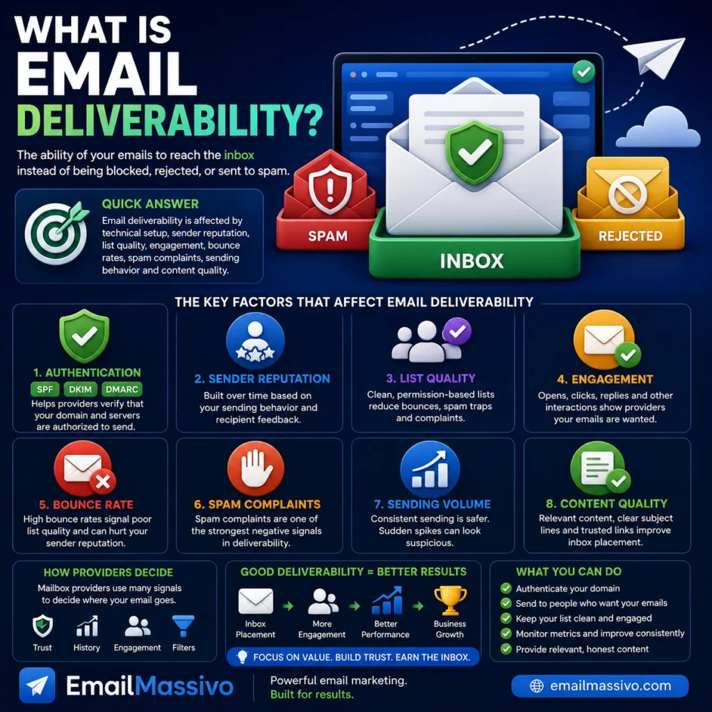 Email deliverability factors showing inbox placement, authentication, sender reputation and list quality