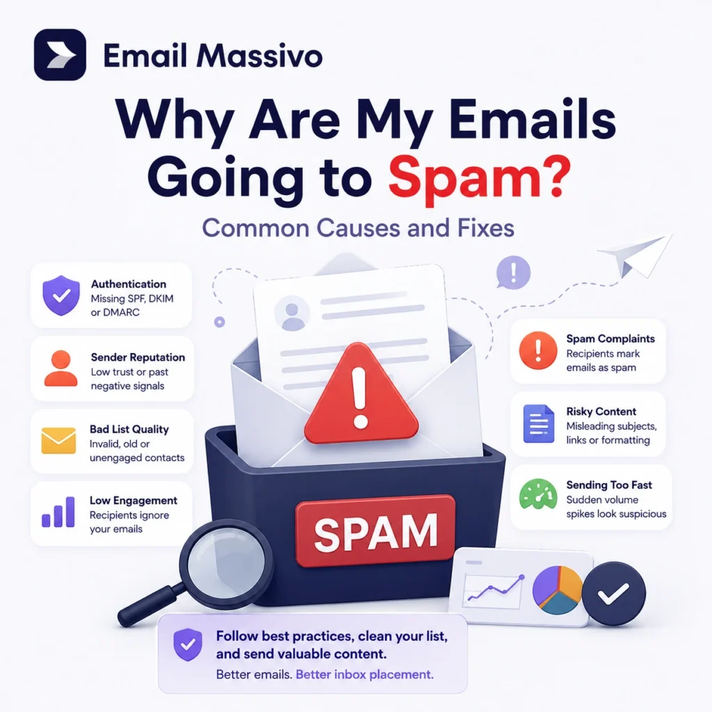 Emails being filtered into a spam folder due to authentication, sender reputation, and content quality issues.