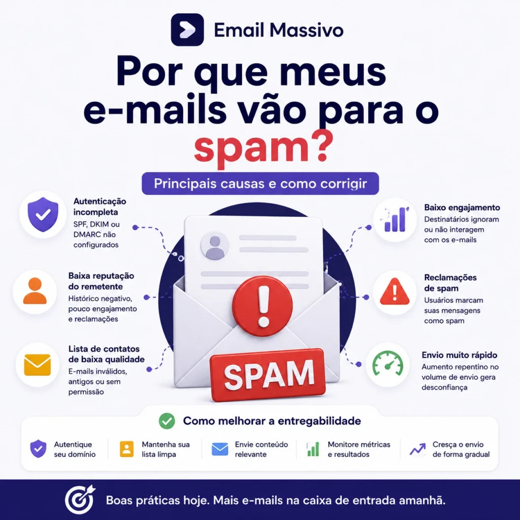 Infográfico em português sobre por que os e-mails vão para o spam, com causas comuns e dicas para melhorar a entregabilidade