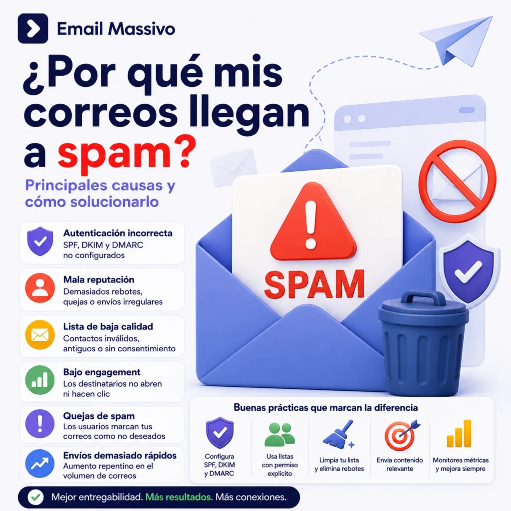 Ilustração sobre por que e-mails chegam ao spam, com envelope, aviso de spam e dicas de autenticação e entregabilidade