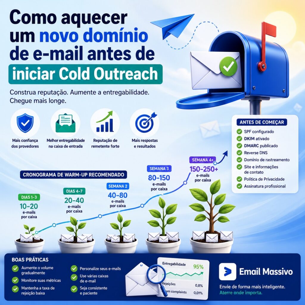 Ilustração mostrando como aquecer um novo domínio de e-mail antes de iniciar campanhas de cold outreach, melhorando a reputação do remetente, a entregabilidade e a taxa de entrega na caixa de entrada.