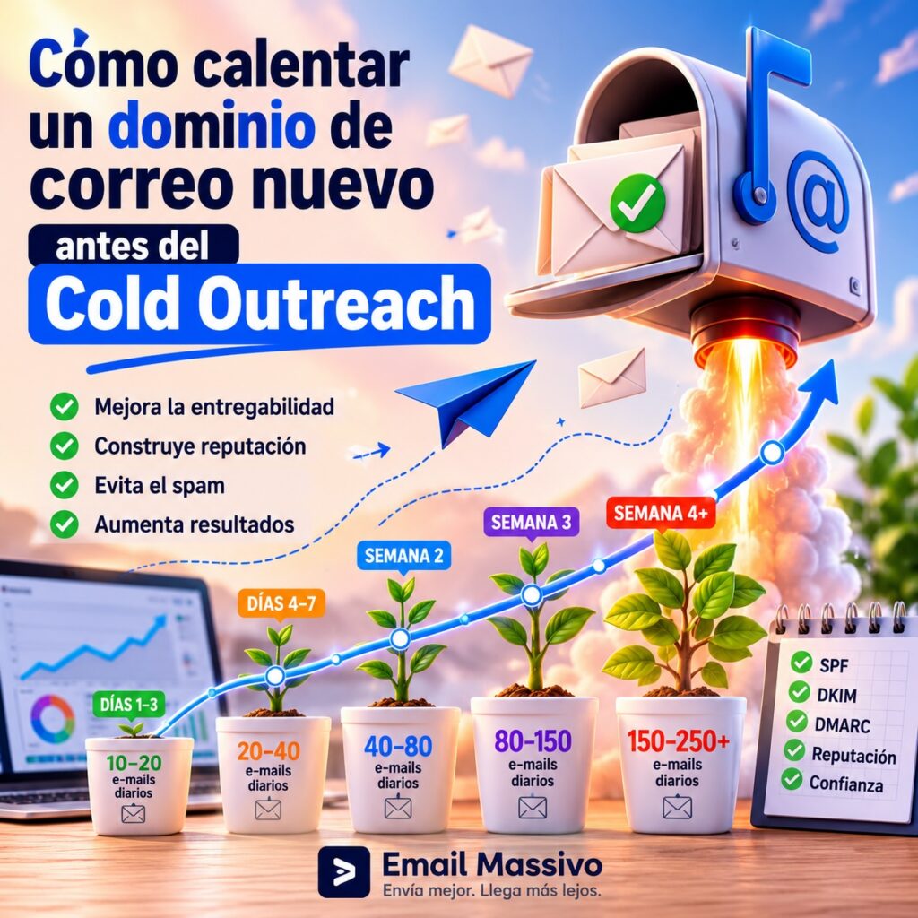 Ilustración que muestra cómo calentar un dominio de correo electrónico nuevo antes del cold outreach, mejorando la reputación del remitente, la entregabilidad del correo y la llegada a la bandeja de entrada.