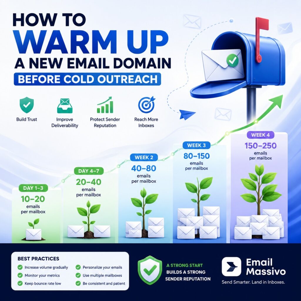 Illustration showing how to warm up a new email domain before cold outreach, with a blue mailbox, email envelope, sender reputation growth, and improved email deliverability.