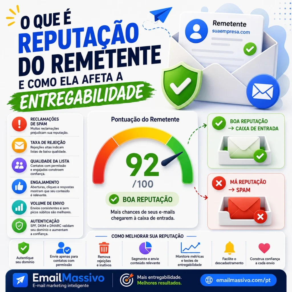 Ilustração sobre reputação do remetente no email marketing, entregabilidade, autenticação SPF, DKIM e DMARC