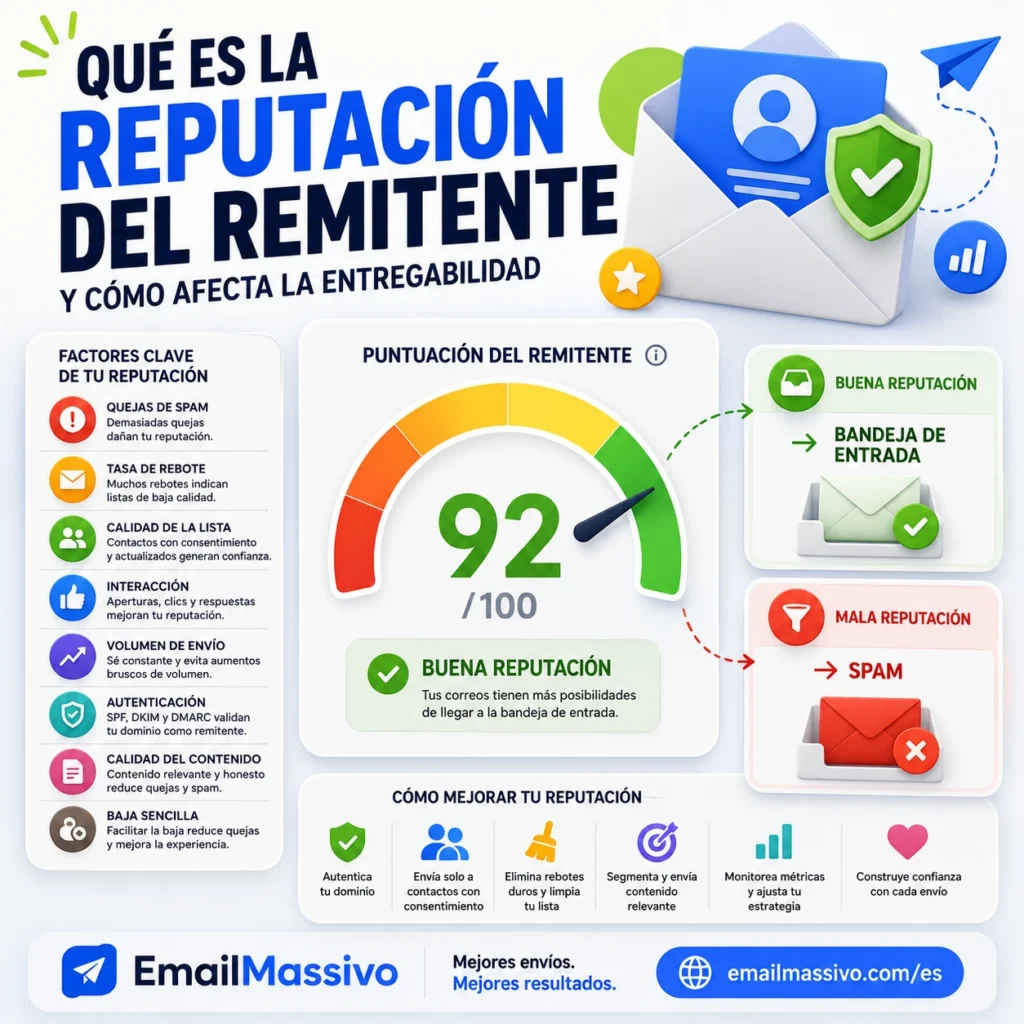 Reputación del remitente en email marketing con puntuación de confianza, autenticación SPF, DKIM y DMARC y mejora de la entregabilidad