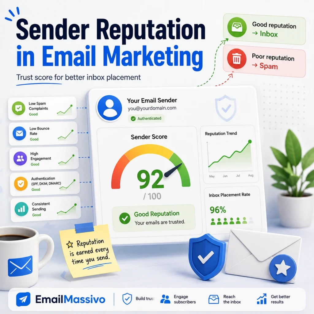 Sender reputation dashboard showing email trust score, inbox placement rate, SPF, DKIM and DMARC authentication with email marketing analytics