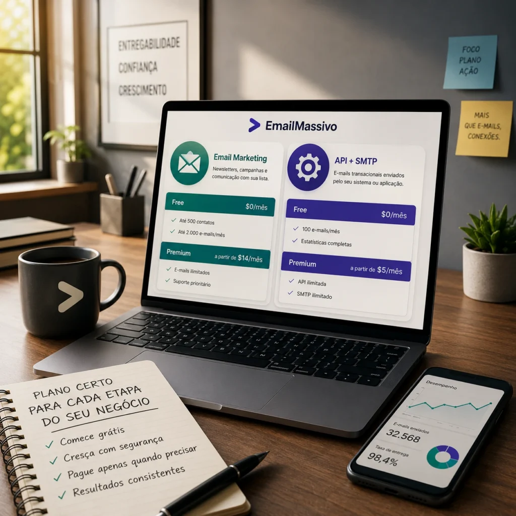 Comparação dos planos do EmailMassivo com recursos, limites e casos de uso.
