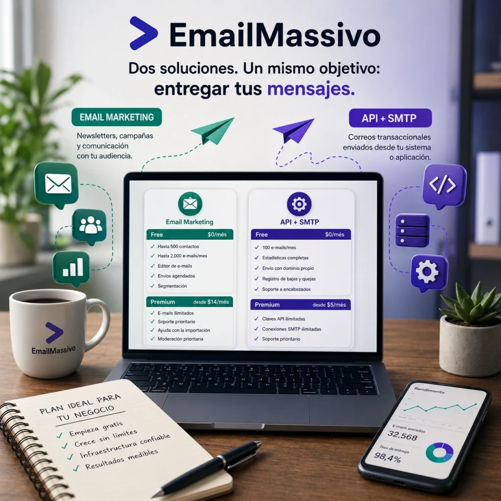 Comparativa de los planes de EmailMassivo con funciones, límites y casos de uso reales.