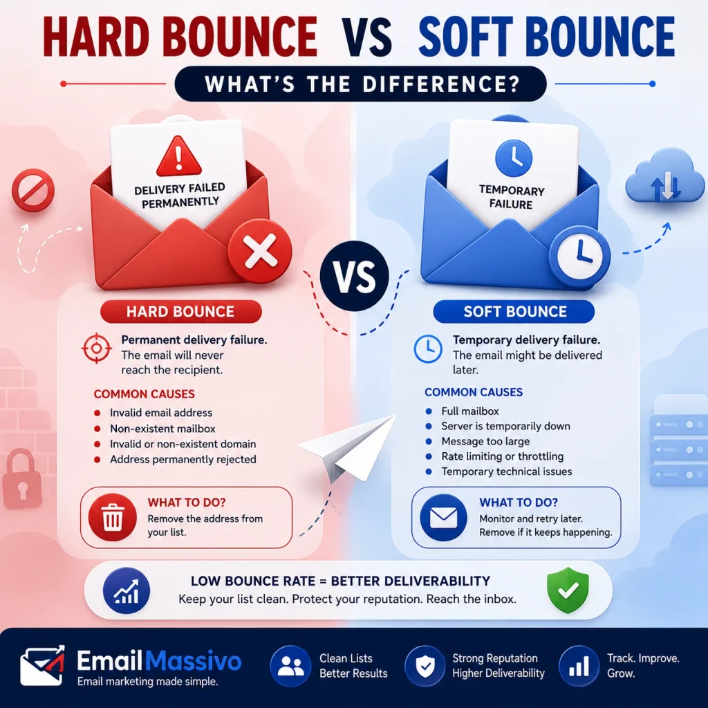 Hard bounce vs. soft bounce email comparison illustration