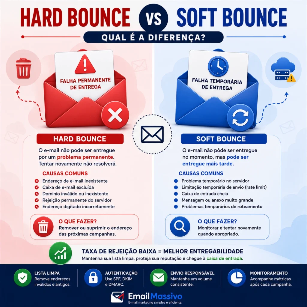 Comparação entre hard bounce e soft bounce no e-mail marketing mostrando falha permanente e falha temporária de entrega