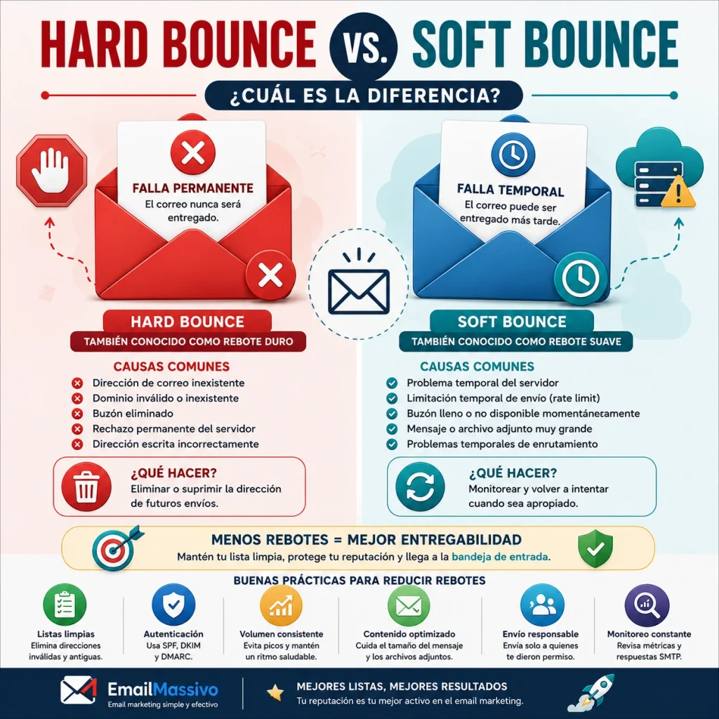 Comparación entre hard bounce y soft bounce en email marketing mostrando rebote duro como falla permanente y rebote suave como falla temporal