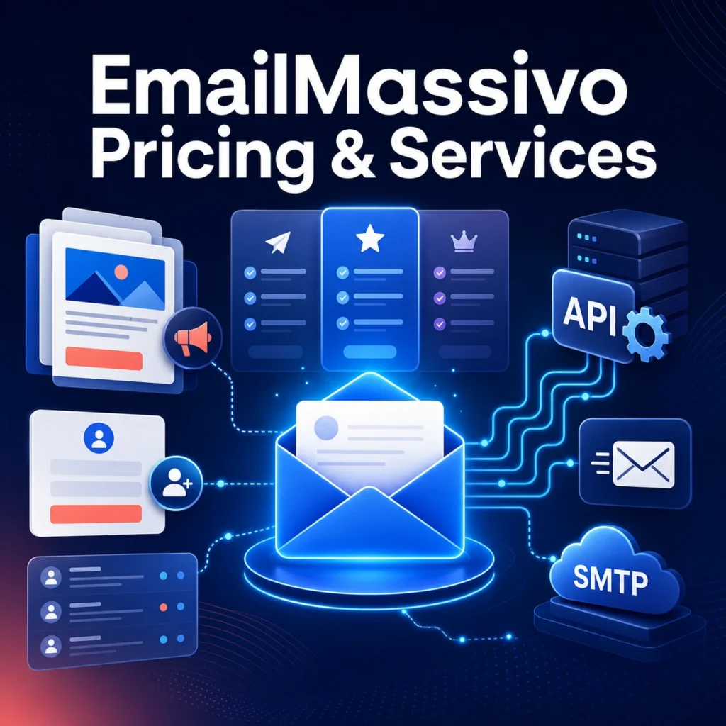 EmailMassivo pricing and services illustration showing email marketing plans, contact management, API, and SMTP sending