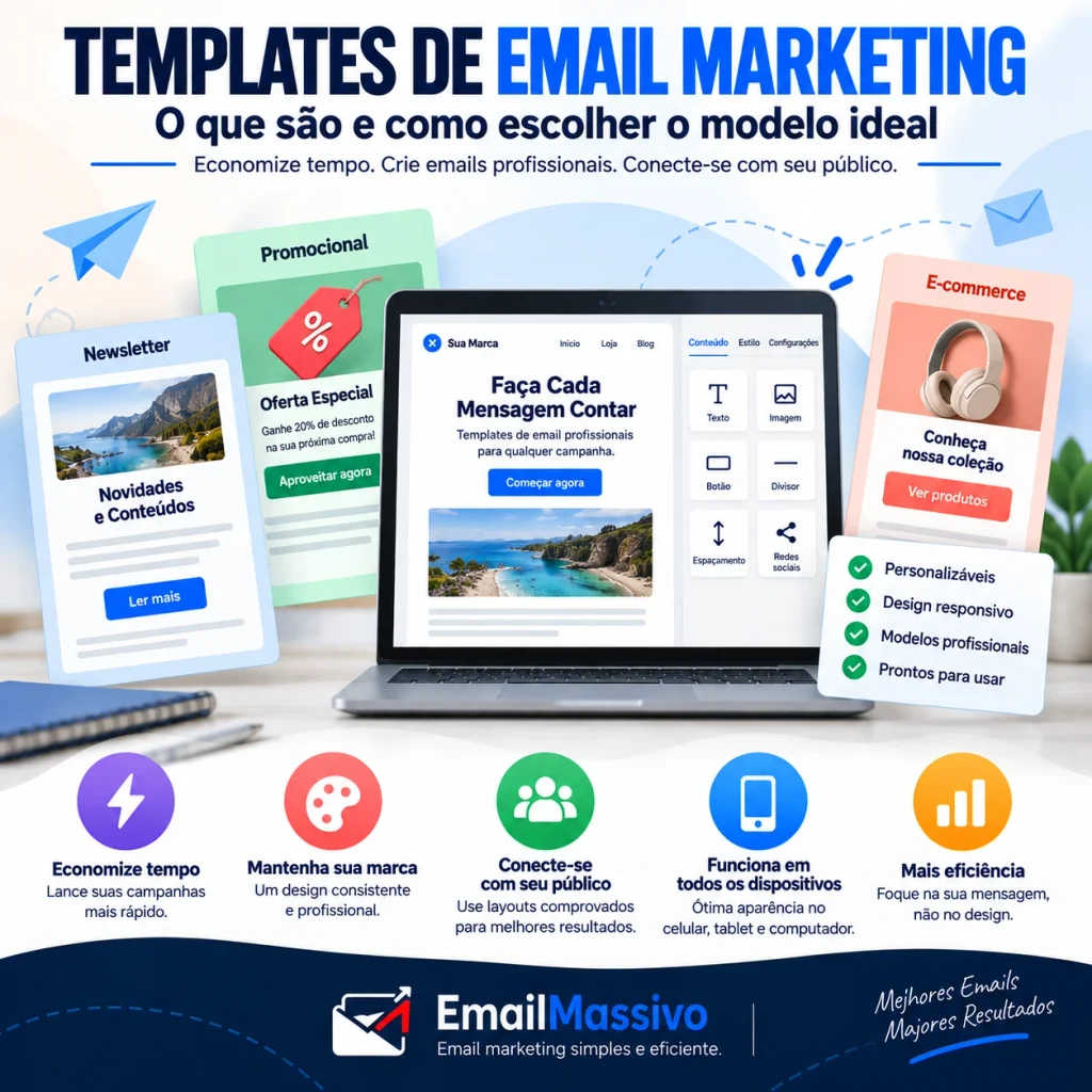 Templates de email marketing para newsletters, campanhas promocionais e e-commerce no EmailMassivo