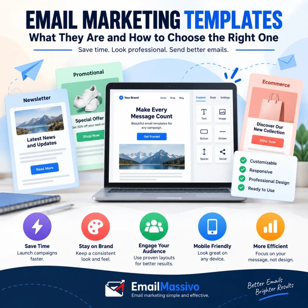 Email marketing templates for newsletter, promotional and ecommerce campaigns in EmailMassivo