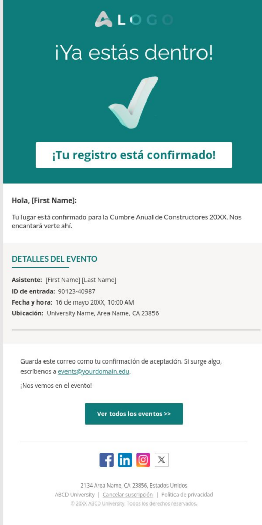 Confirmación del evento
