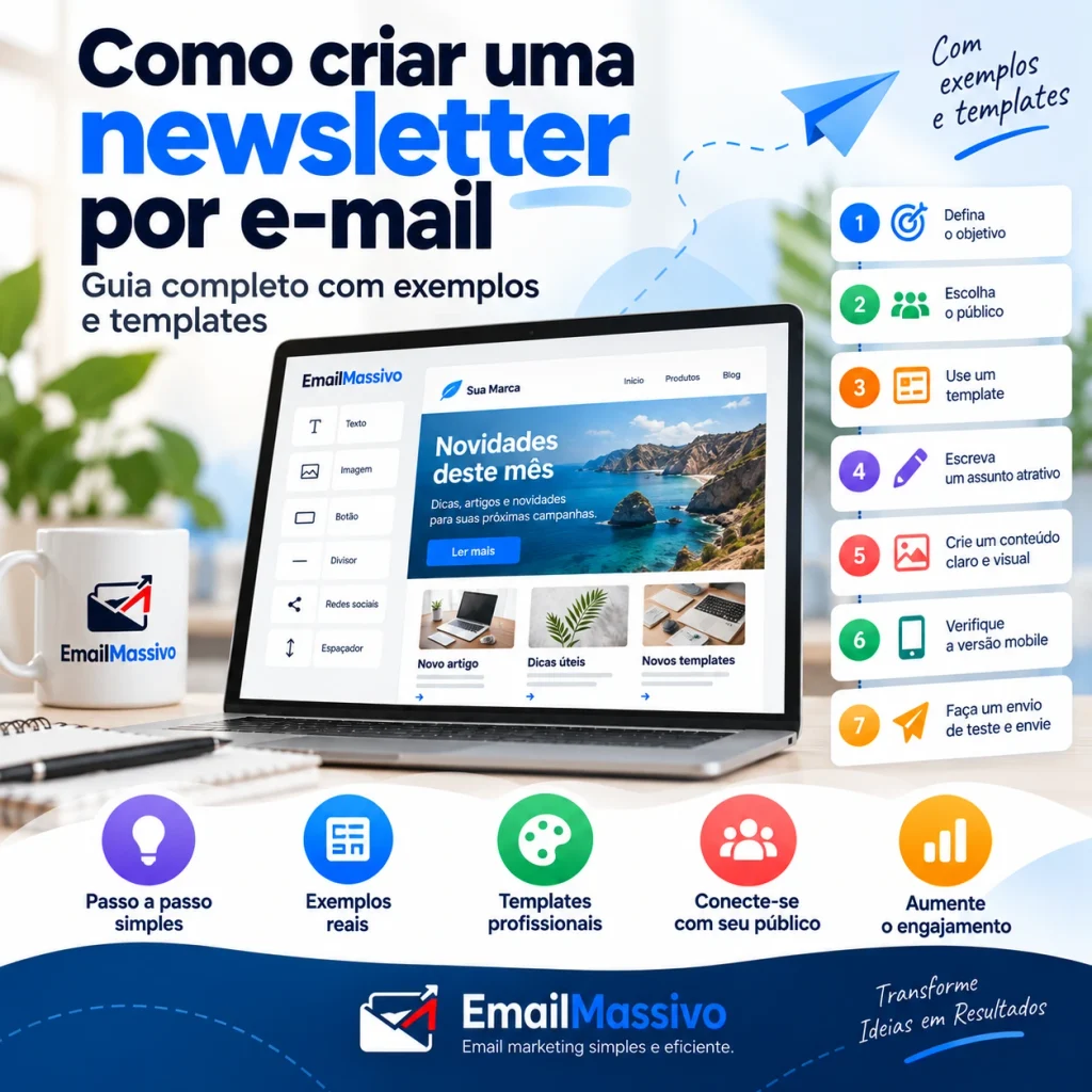 Como criar uma newsletter por e-mail passo a passo com exemplos e templates no EmailMassivo