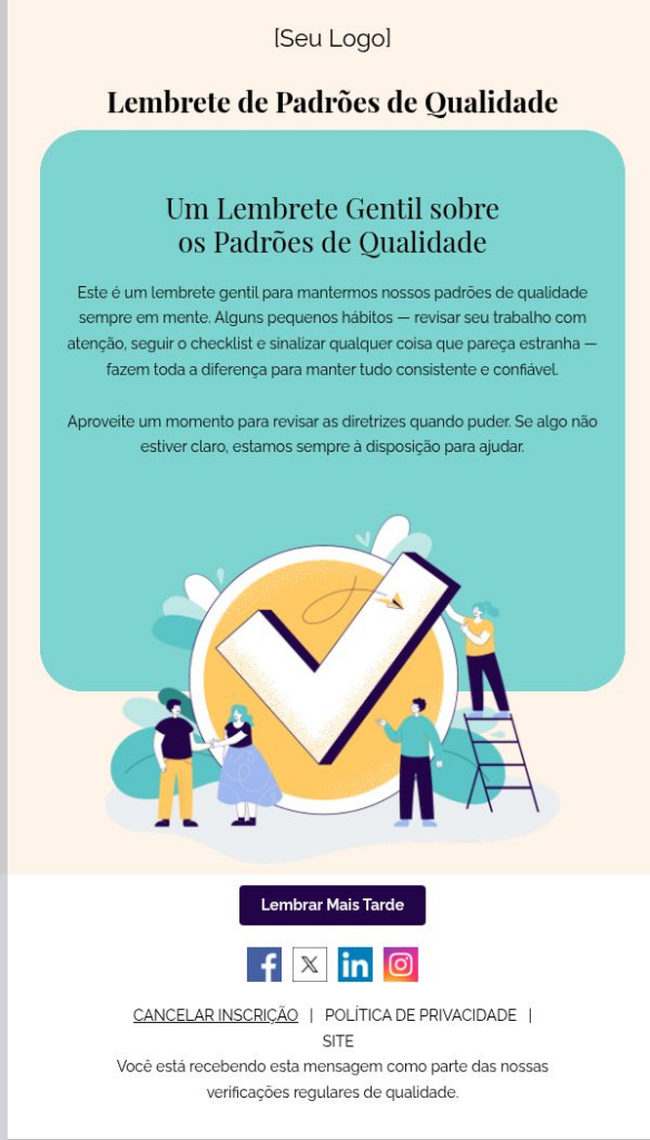 E-mail de lembrete dos padrões de qualidade