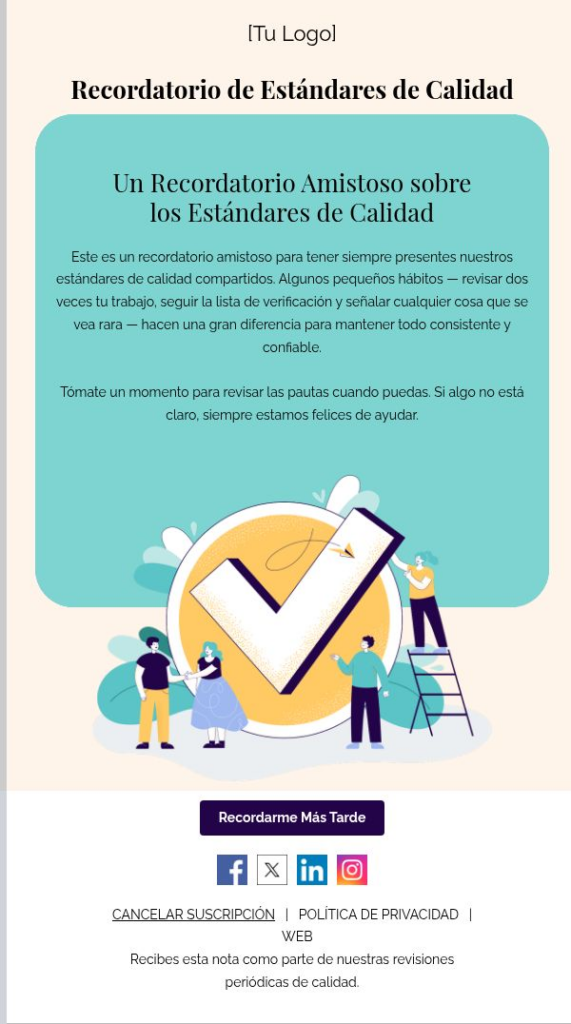 Correo recordatorio de estándares de calidad
