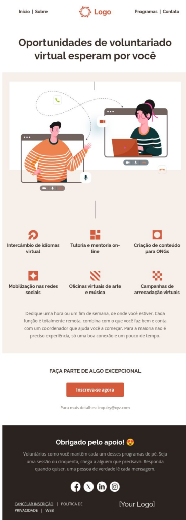 E-mail sobre oportunidades de voluntariado virtual
