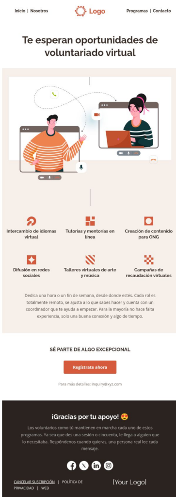 Correo sobre oportunidades de voluntariado virtual