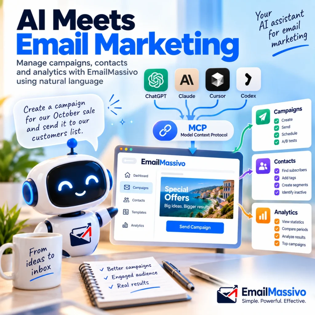 AI assistant connected to EmailMassivo via MCP to manage email campaigns, contacts, and analytics.