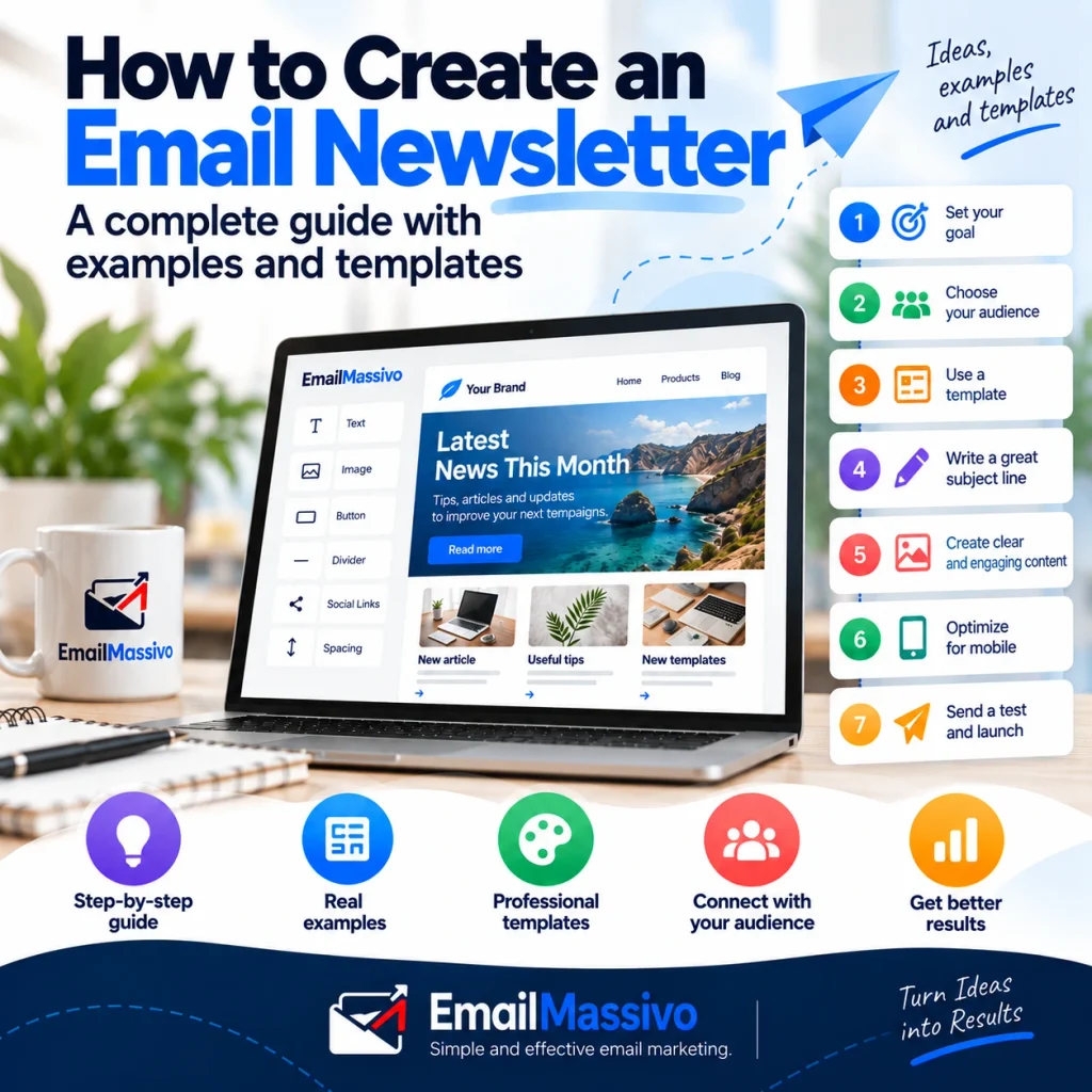 How to create an email newsletter step by step with examples and professional templates in EmailMassivo
