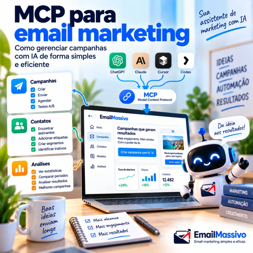Esquema de MCP para email marketing conectando ChatGPT, Claude, Cursor e Codex à gestão de campanhas com IA