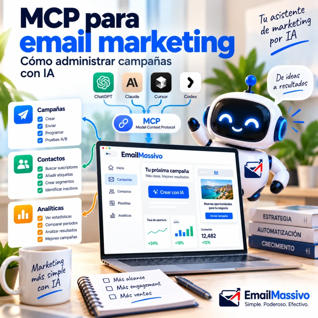 Esquema de MCP para email marketing que conecta ChatGPT, Claude, Cursor y Codex con la gestión de campañas mediante IA